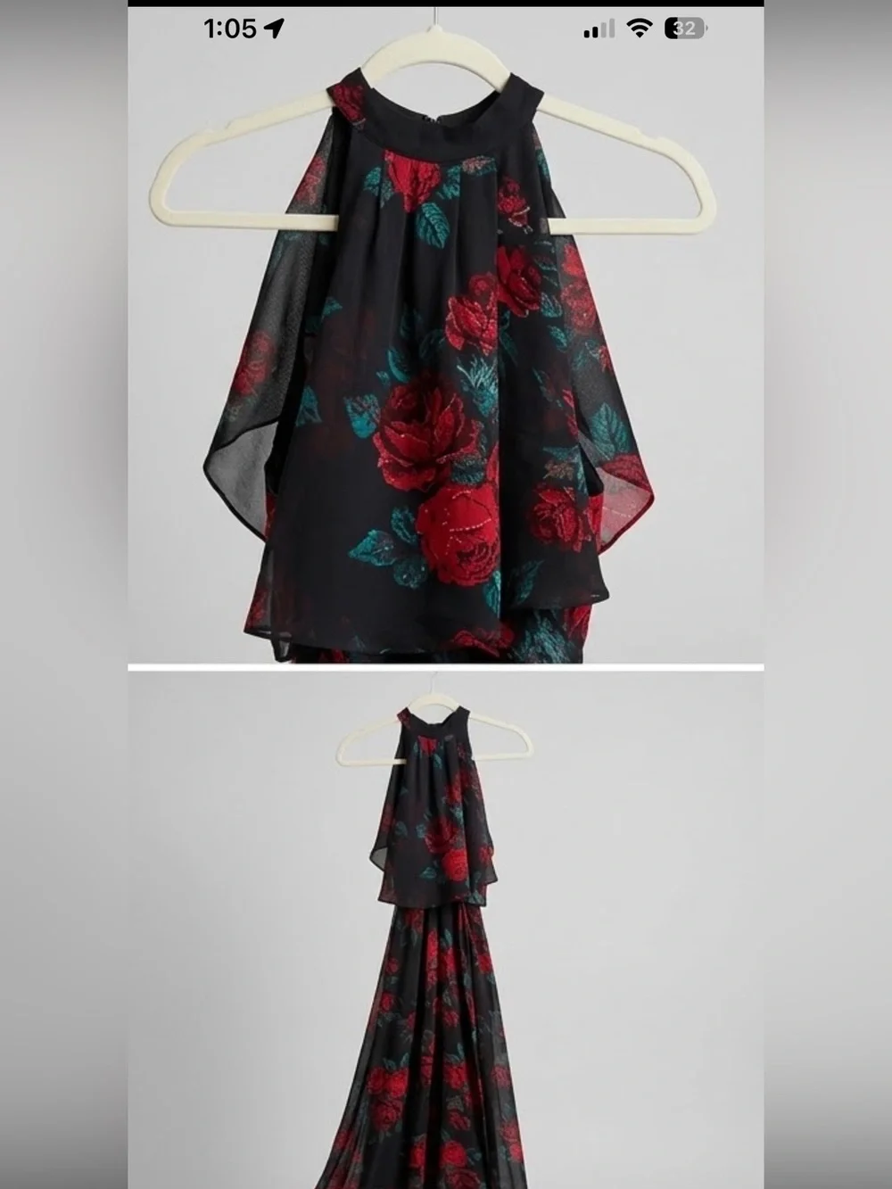 Lovers + Friends Floral Halter Maxi Gown – Size 2 (Red & Black Rose Print)